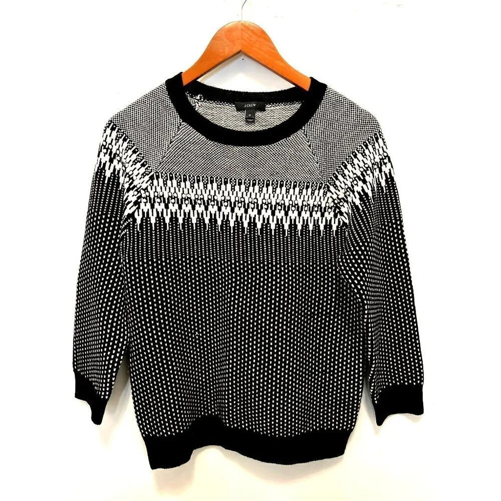 J.CREW Fair Island Sweater Knitted Wool Navy Blue White Crewneck Size Med